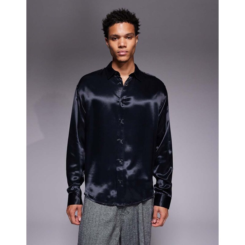 ASOS DESIGN oversized satin shirt in black