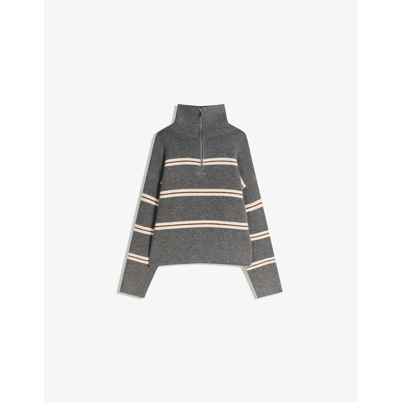 Bershka Svetr hnědá / tmavě šedá / bílá