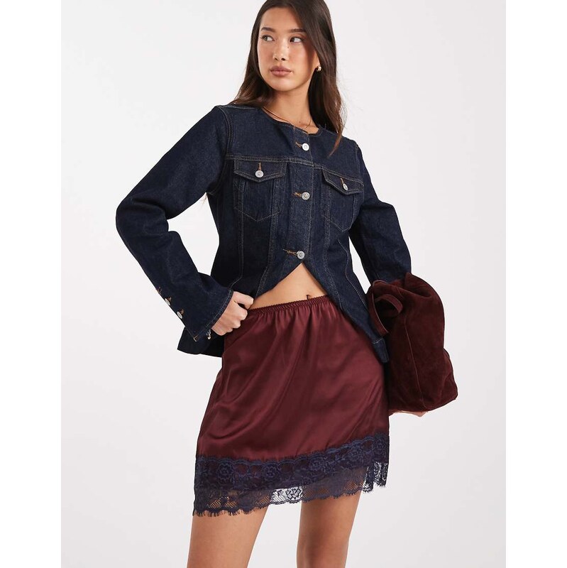 ASOS DESIGN lace trim mini skirt in burgundy and blue-Black