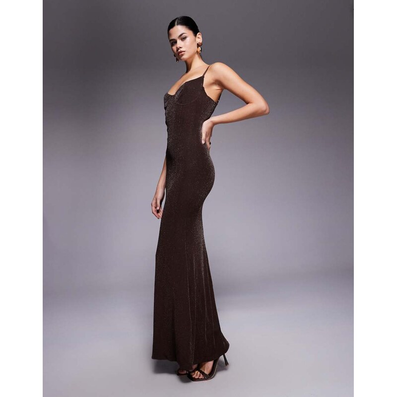 Wanderdoll Leah sculpted cup detail cami maxi dress in chocolate