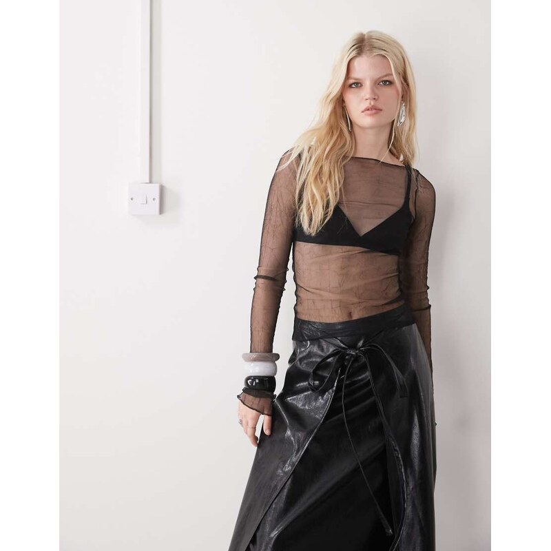 Weekday sheer mesh slash neck long sleeve top in black 115517955