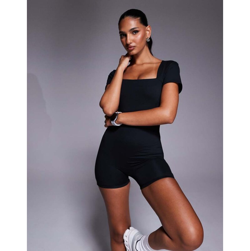 4505 soft touch square neck short sleeve romper in black 110827402