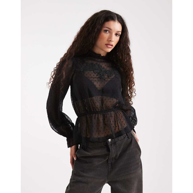 Miss Selfridge chiffon embroidered victoriana blouse in black 110609155