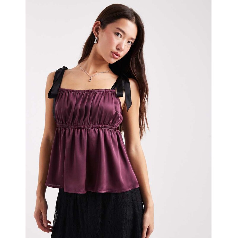 Miss Selfridge satin tie shoulder cami top in fig-Pink 110609159
