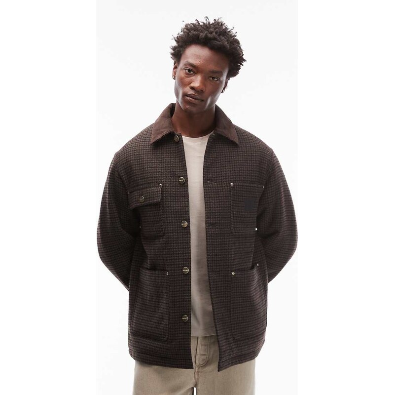 Carhartt WIP lowis chore coat in brown houndstooth check