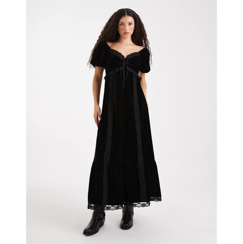 Miss Selfridge velvet and lace puff sleeve maxi dress in black