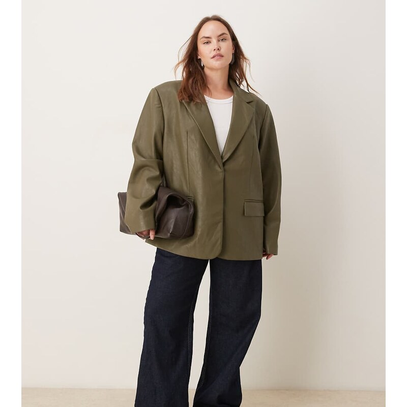 ASOS DESIGN Curve tailored oversized faux leather blazer in dark