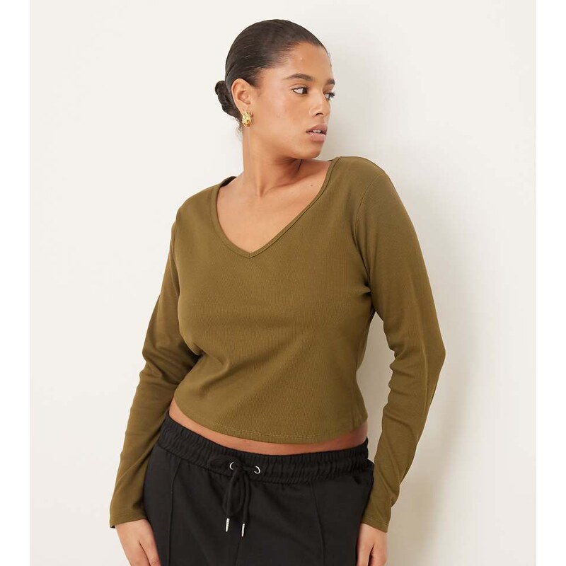 ASOS Curve ASOS DESIGN Curve rib v neck long sleeve top in khaki-Multi 110639006