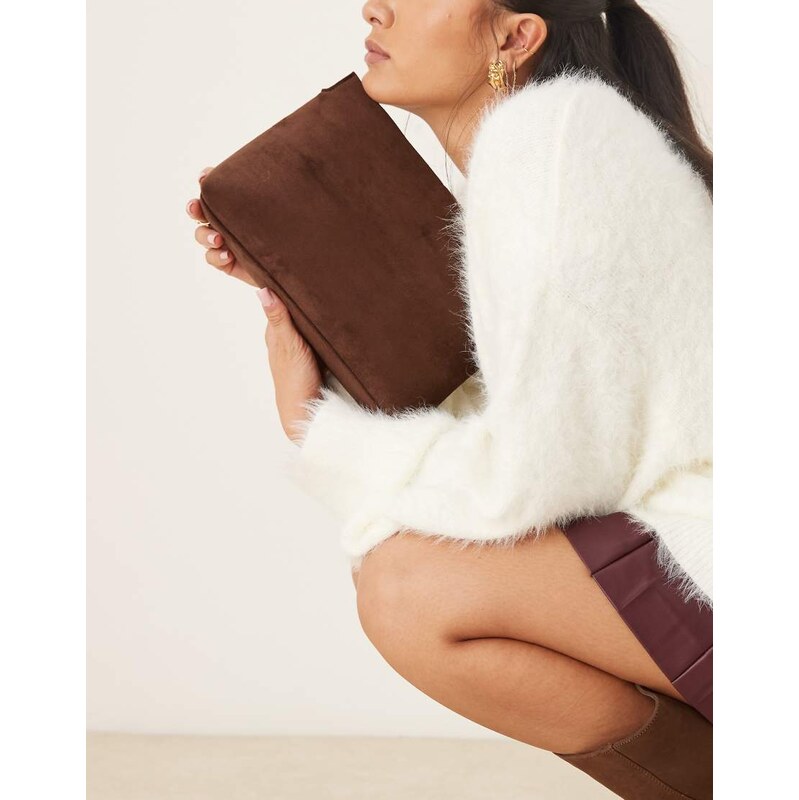 ASOS DESIGN faux suede zip top clutch bag in chocolate-Gold