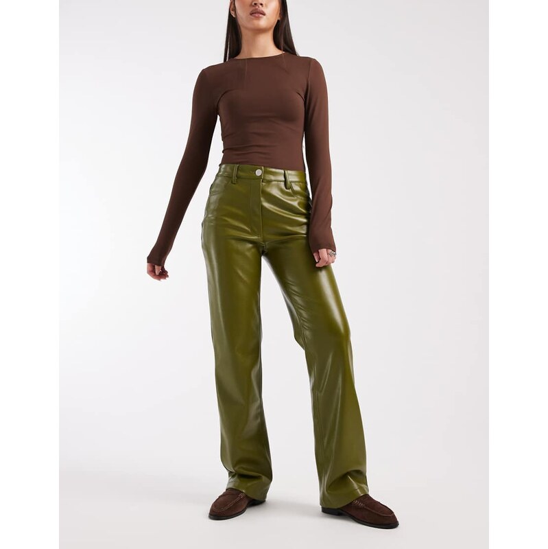 ASOS DESIGN straight leg trousers in faux leather in olive-Green