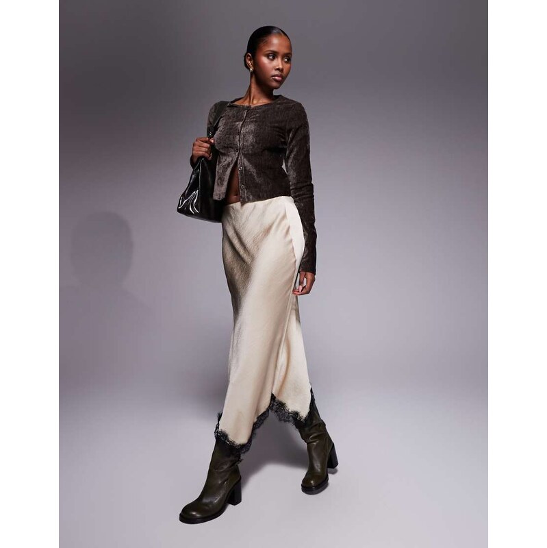 River Island satin skirt with lace detail in beige-Neutral 110609283