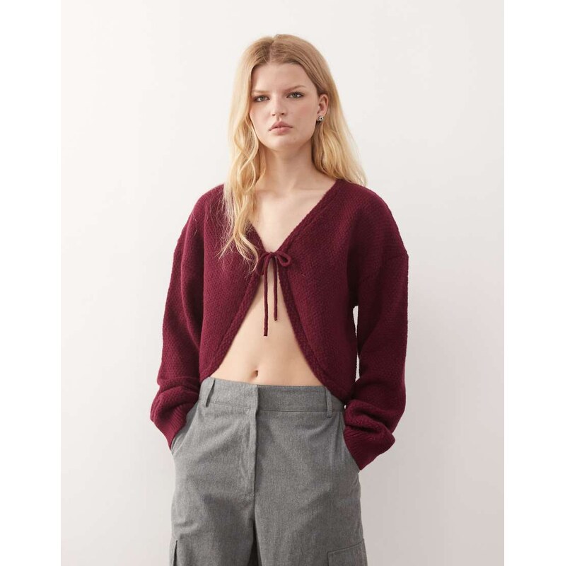 COLLUSION knitted tie front cardi in plum-Red 110609288