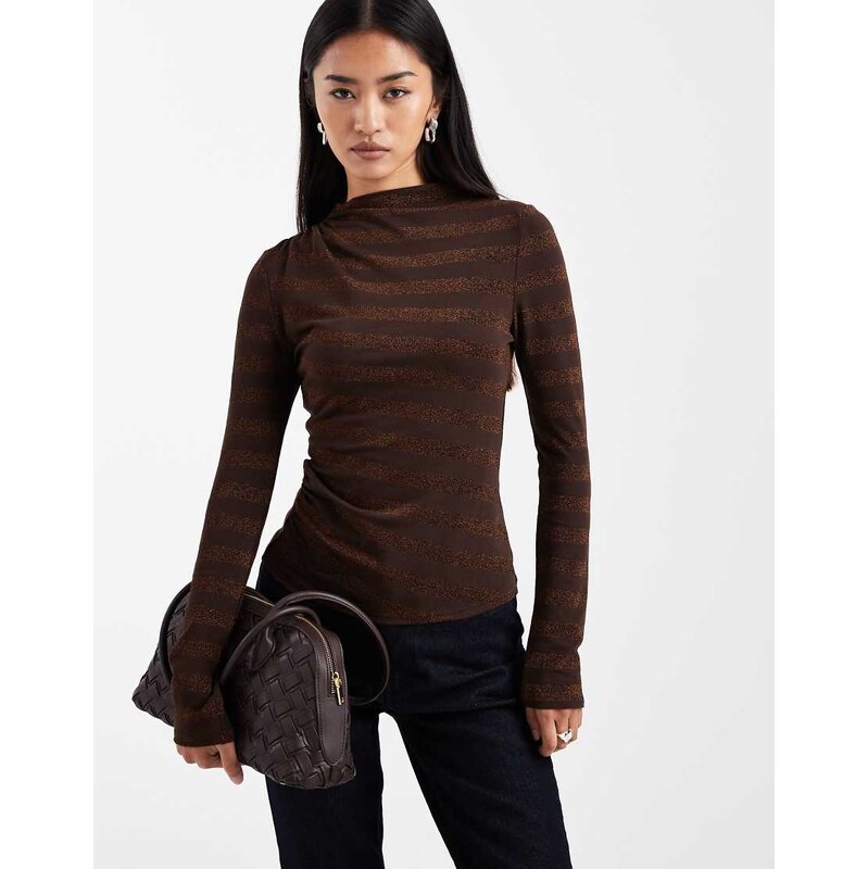 COLLUSION slash neck long sleeve top in chocolate sparkle stripe-Brown 110609299