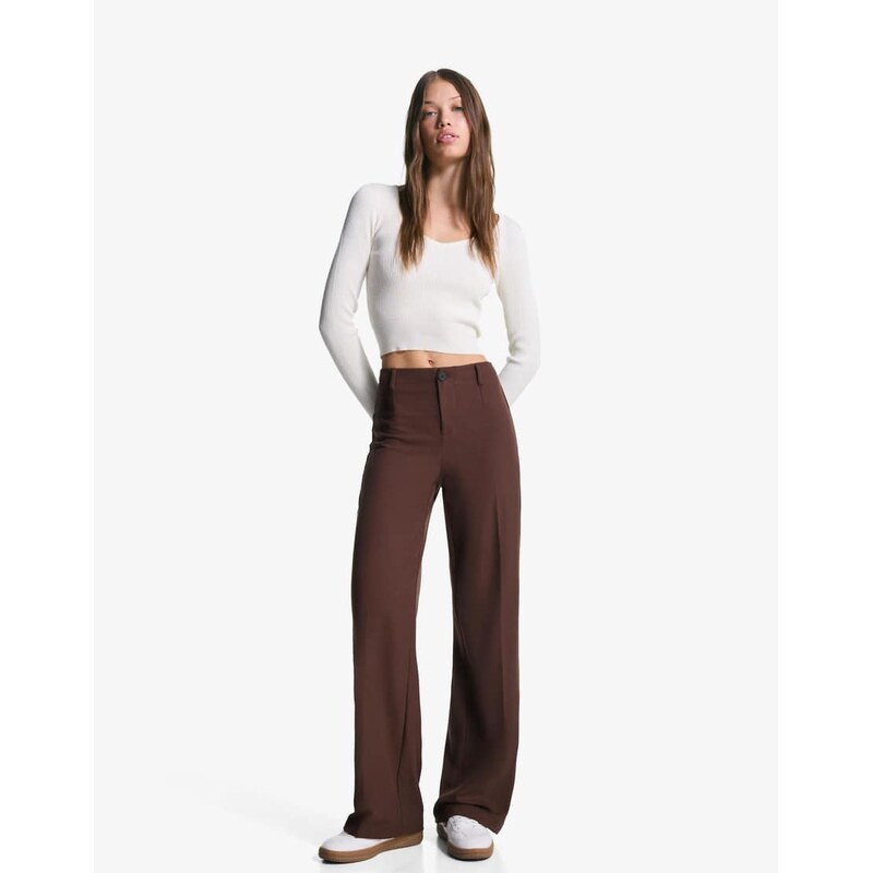 Bershka Wide-leg tailoring trousers in brown