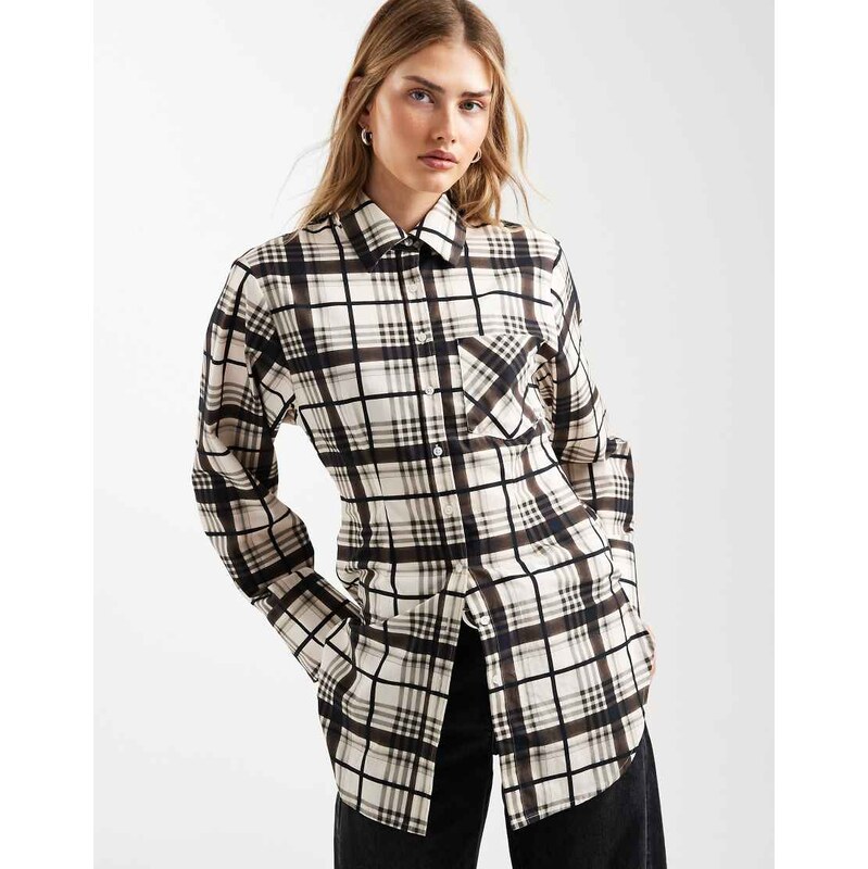 ASOS DESIGN seam detail cinch longline shirt in check-Multi 110609315