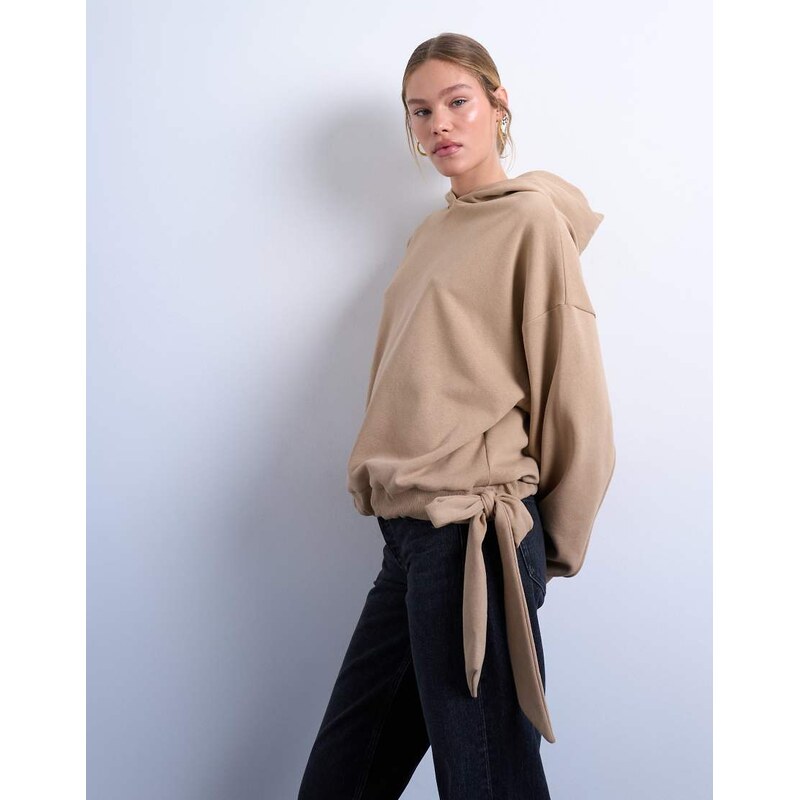 Topshop seam detail tie hem hoodie in tan-Brown 110609320
