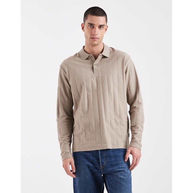 JJ Rebel textured long sleeve polo in beige-Neutral