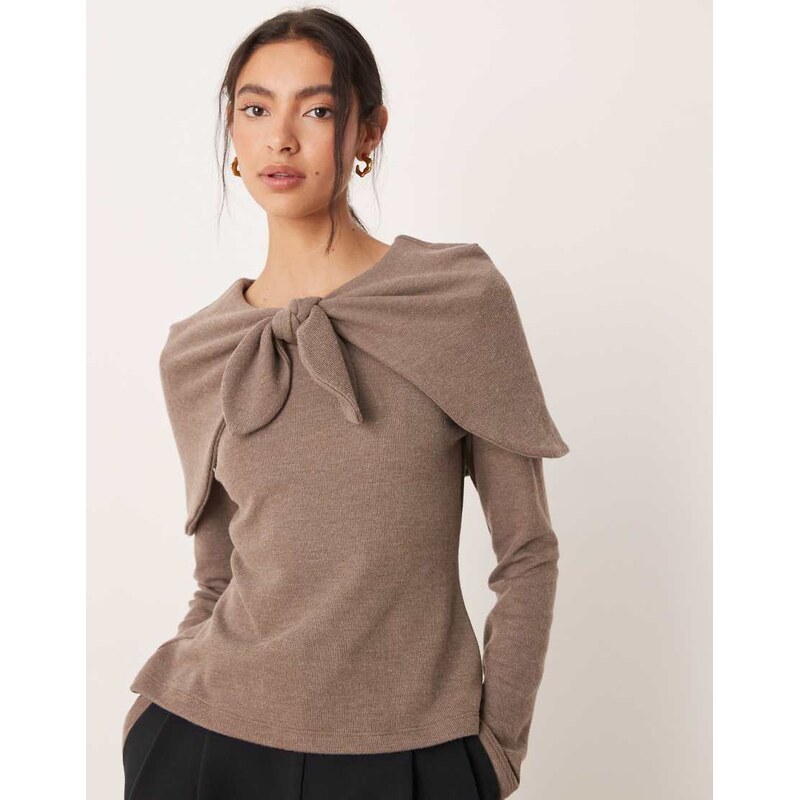 ASOS DESIGN Supersoft shoulder tie detail jumper in mocha-Brown 110611415