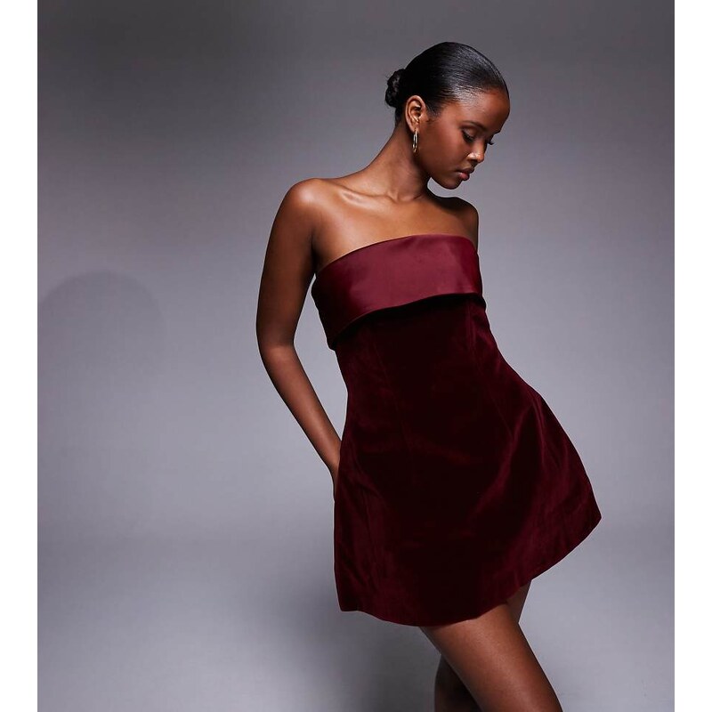 Murci exclusive satin trim velvet mini dress in burgundy-Red