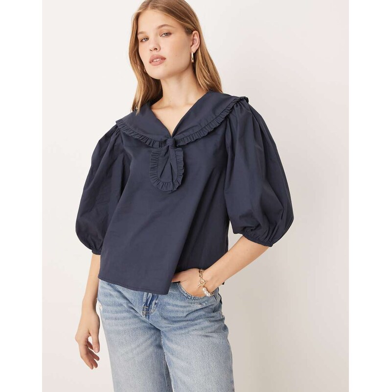 Glamorous sailor collar puff sleeve blouse in navy
