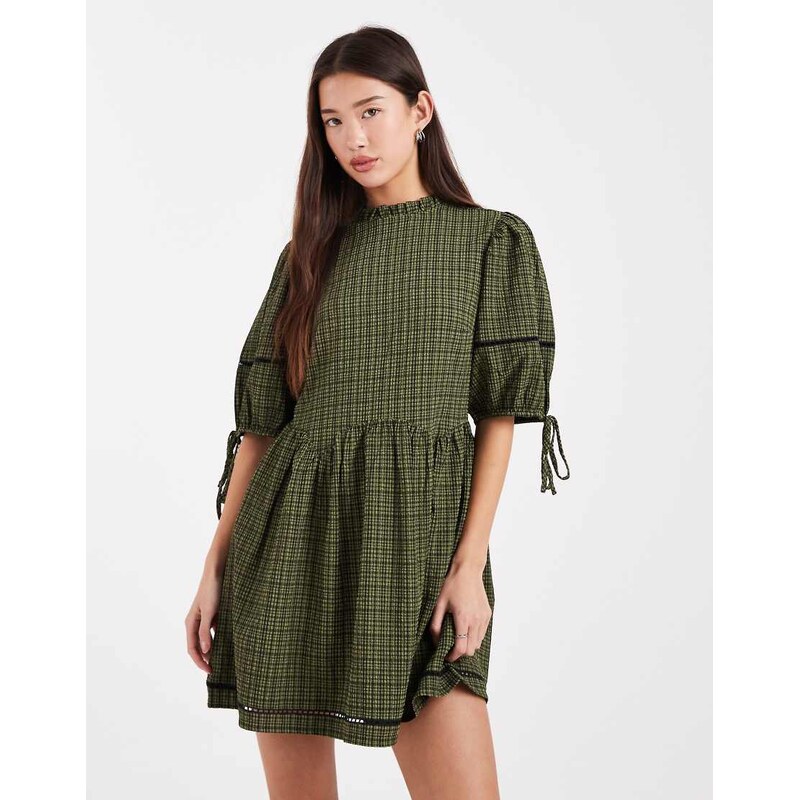 Wednesdays Girl mini textured smock dress in green check