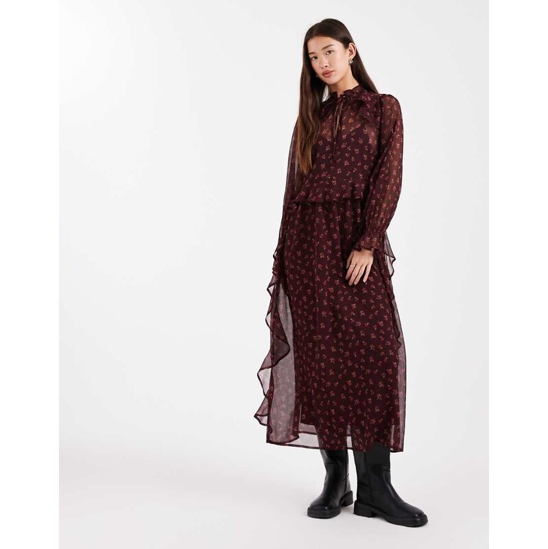 Wednesdays Girl high neck floaty midaxi dress in floral plum print 110799449