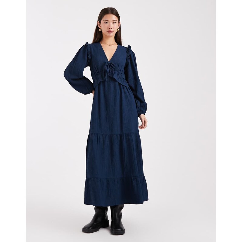 Wednesdays Girl long sleeve ruffle midaxi dress in navy