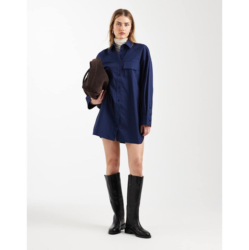 ASOS DESIGN long sleeve mini shirt dress with front pockets in navy