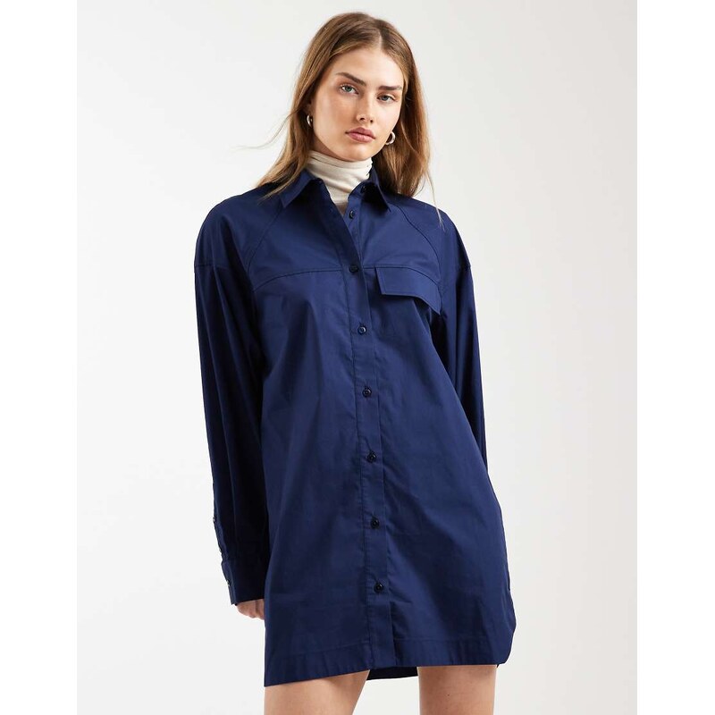 ASOS DESIGN long sleeve mini shirt dress with front pockets in navy