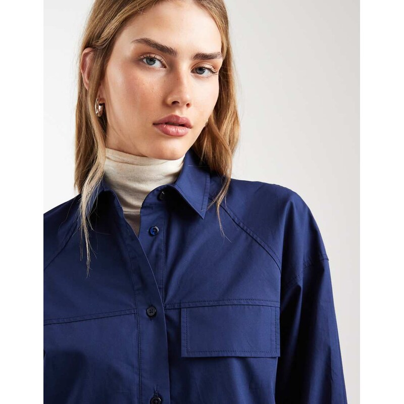 ASOS DESIGN long sleeve mini shirt dress with front pockets in navy
