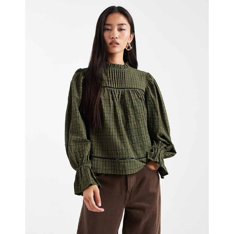 Wednesdays Girl long sleeve shirred collared blouse in green check 110931823