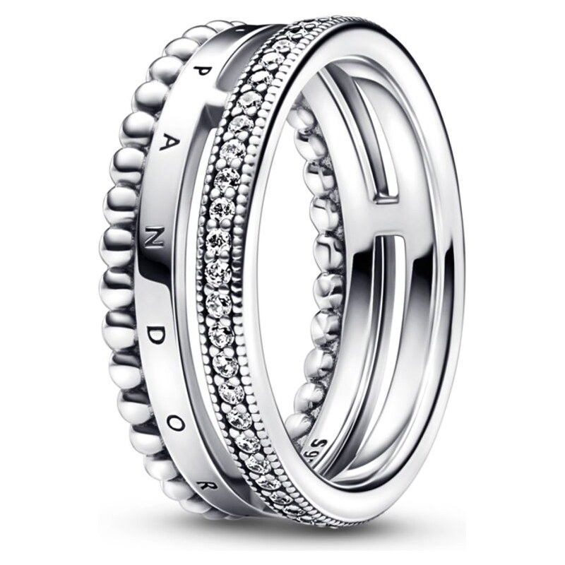 PANDORA prsten Signature a logo, pavé a kuličky 92572499