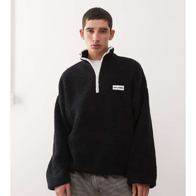 COLLUSION Half zip borg fleece in black