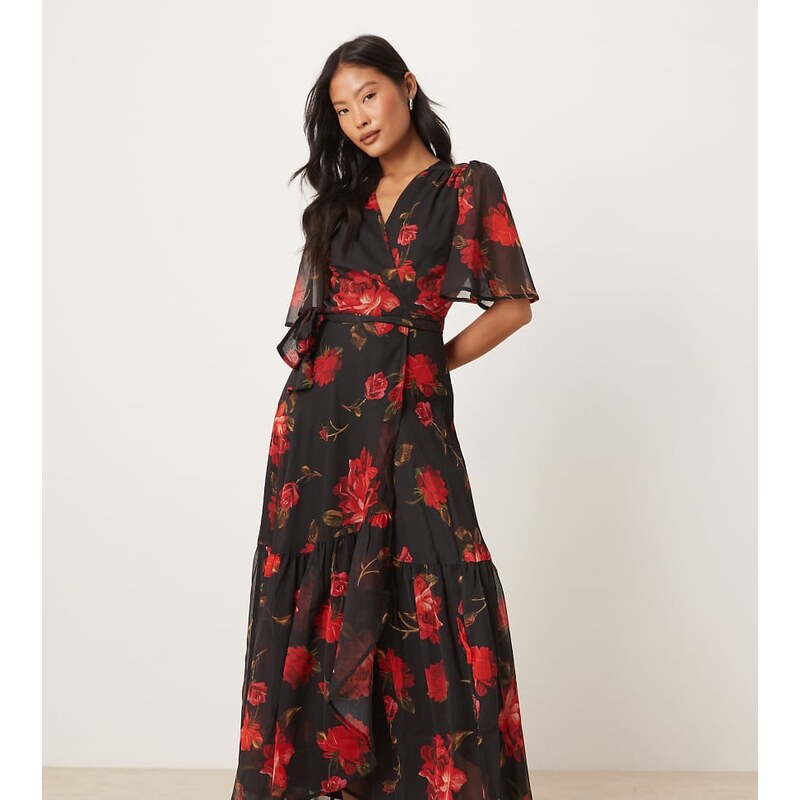 Hope & Ivy Petite wrap front maxi dress in black and red floral 110611242