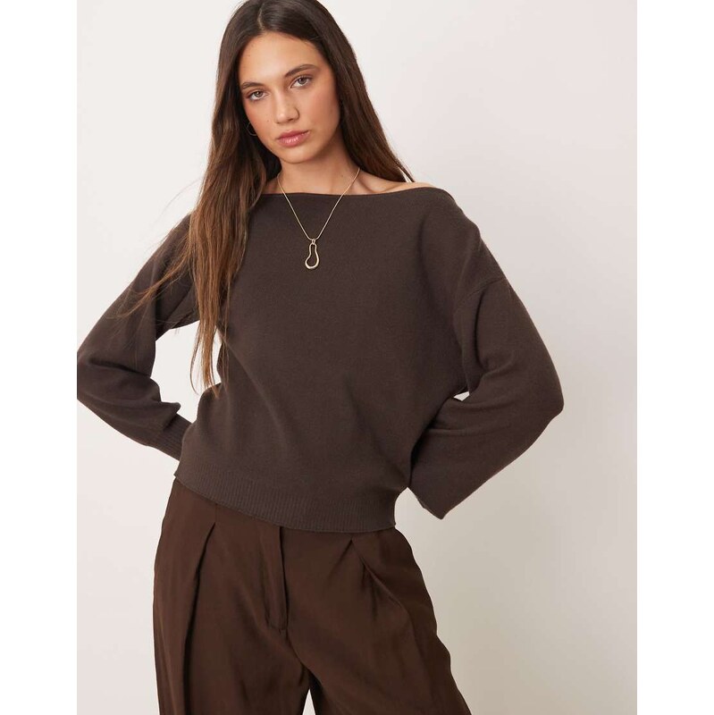 Threadbare off shoulder slouchy sweatshirt in chocolate brown 115514828