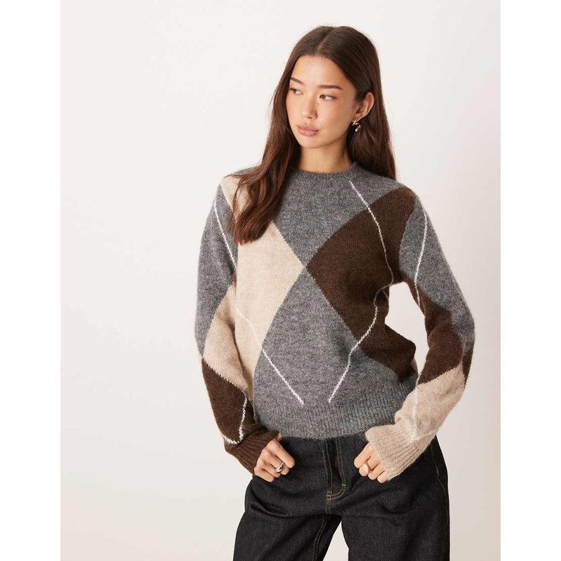AWARE oversized hairy textured argyle print knitted jumper in