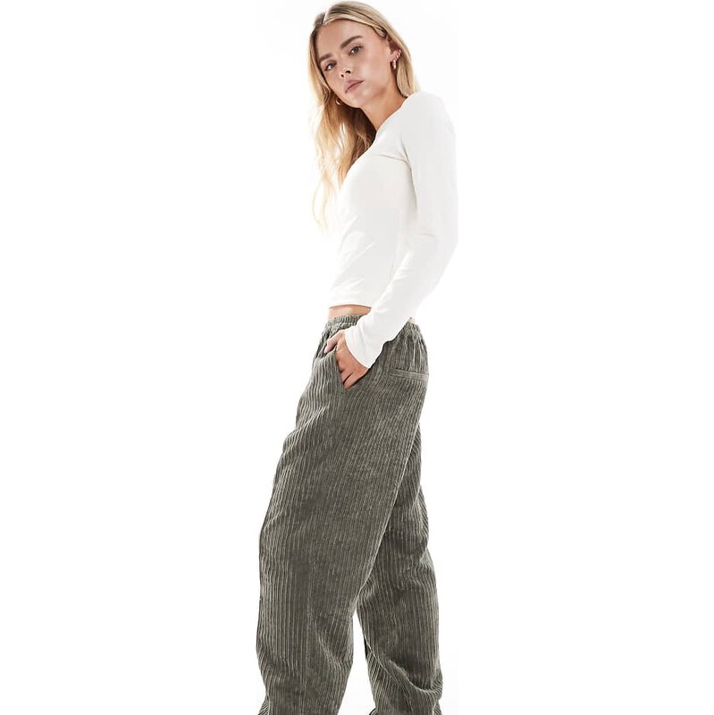 ASOS Petite ASOS DESIGN Petite pull on trousers in cord in khaki-Green 115515341