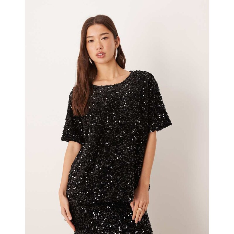 Vila sequin & velour t-shirt co-ord in black 110611263