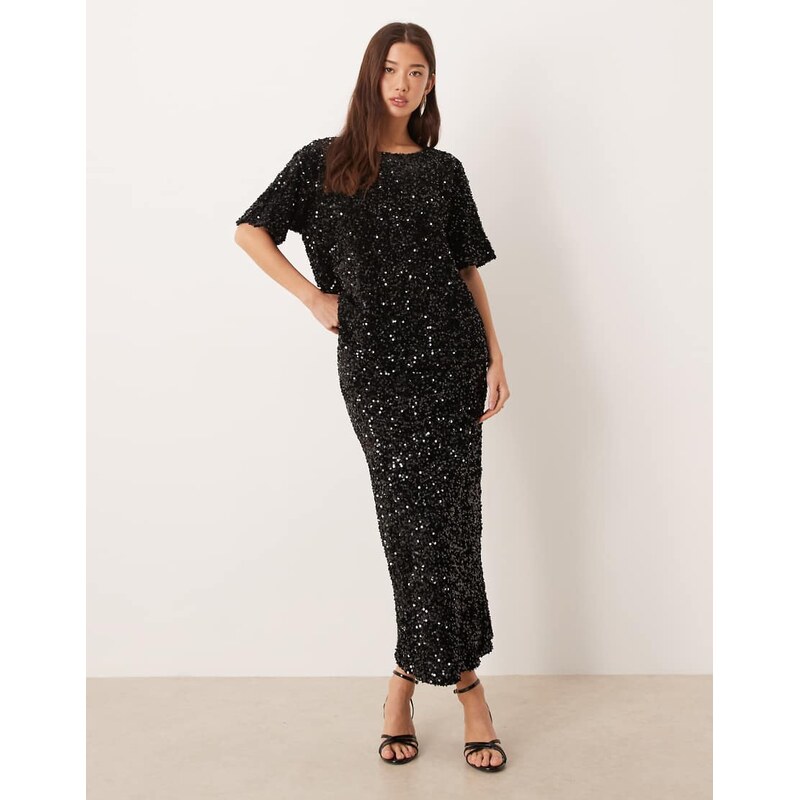 Vila sequin & velour maxi skirt co-ord in black