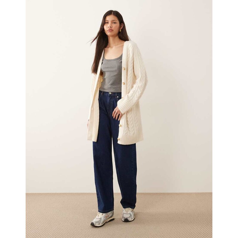Abercrombie & Fitch cable knit longline cardigan in cream-Red 110611285