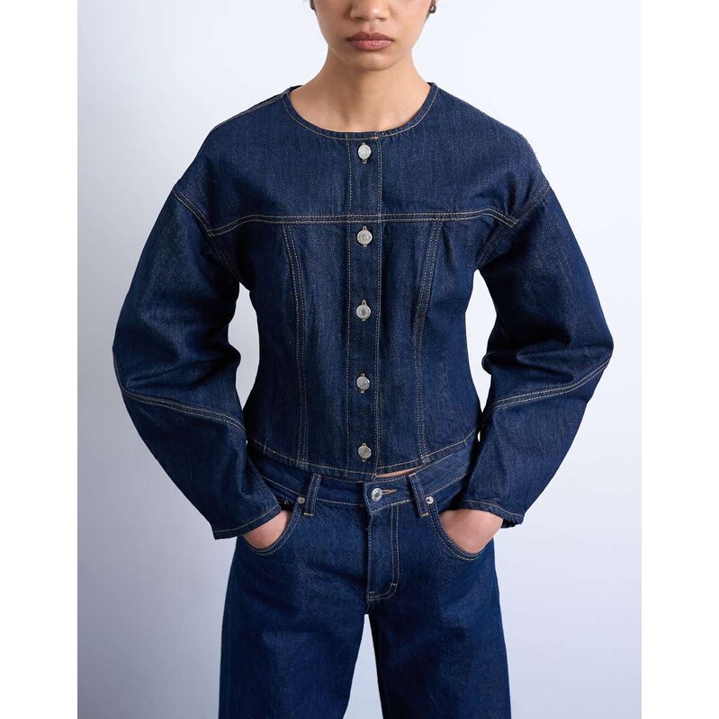 Topshop denim cinch back shirt with ovoid sleeve in rinse-Blue