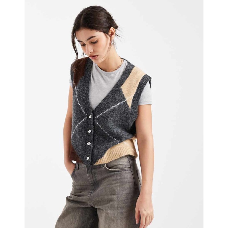 Object v neck button front knitted vest in neutral argyle check print 110611302