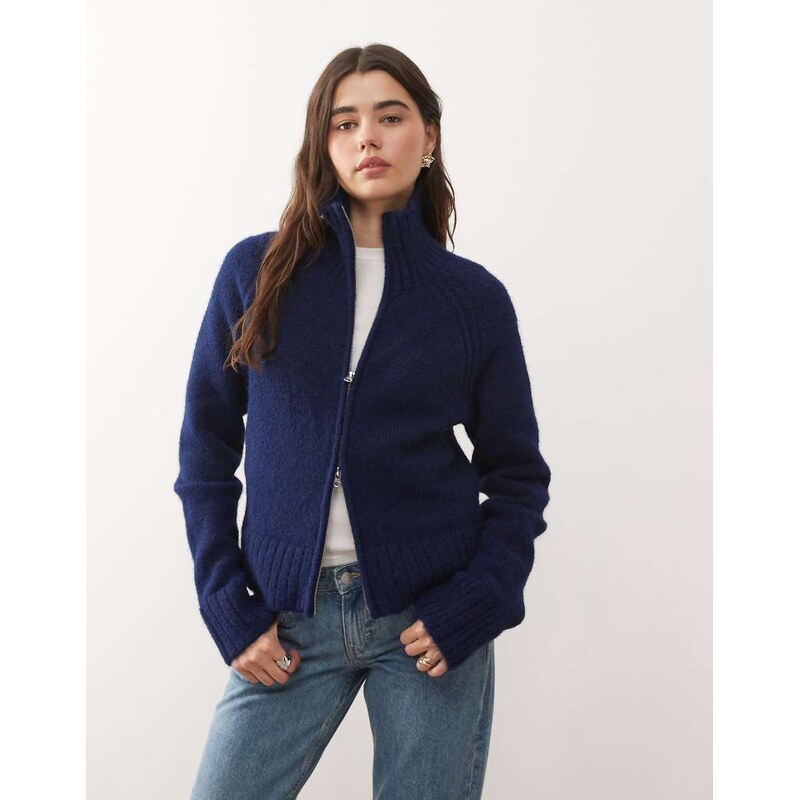 Weekday wool blend hairy knit zip through cardigan in navy