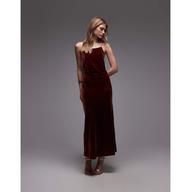 & Other Stories midi strap velvet chiffon dress in dark red