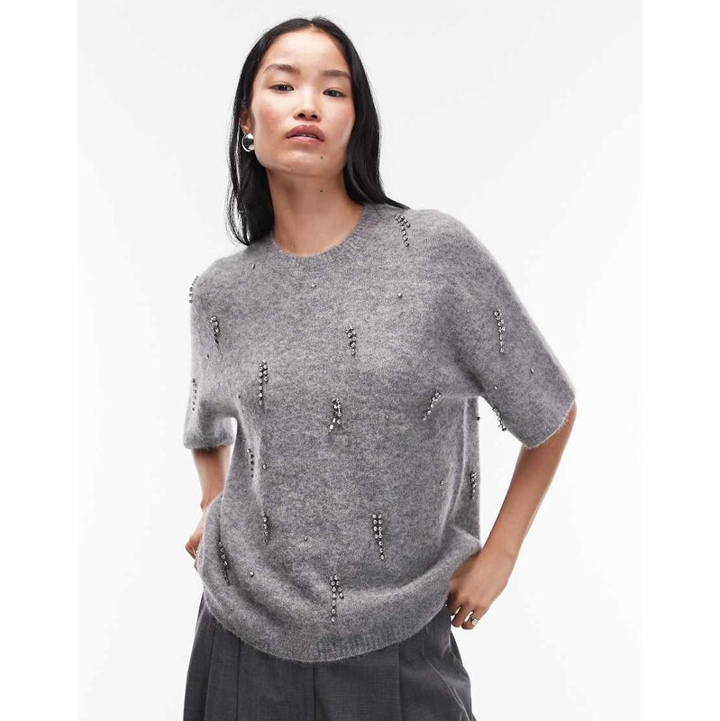 ARKET alpaca and wool blend knitted diamonte t-shirt in grey