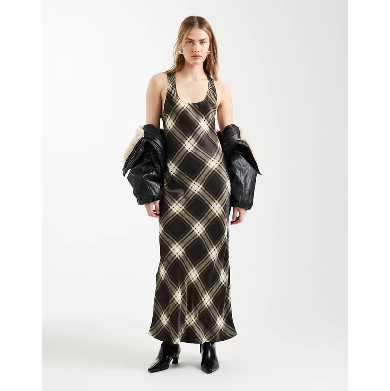 ASOS DESIGN satin scoop maxi dress in brown check-Multi