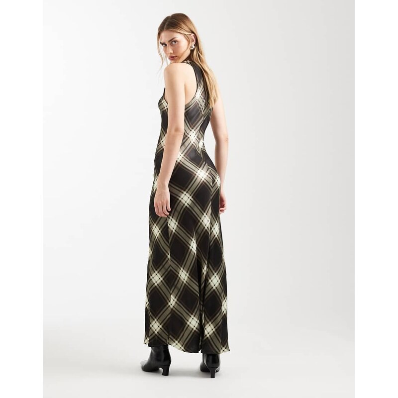 ASOS DESIGN satin scoop maxi dress in brown check-Multi