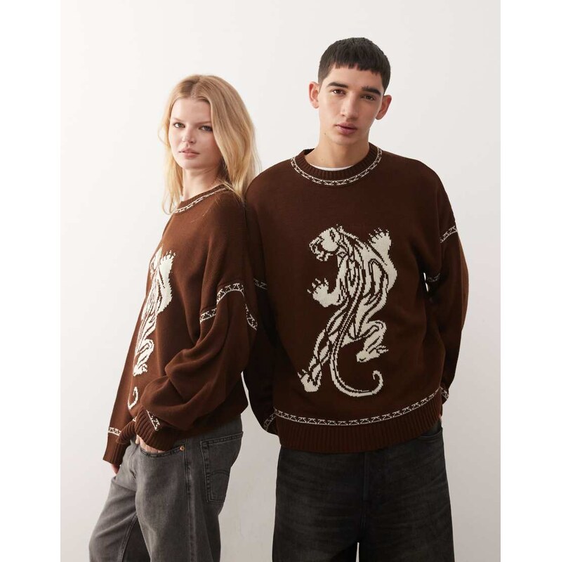 COLLUSION Unisex jumper in chocolate brown with panther graphic