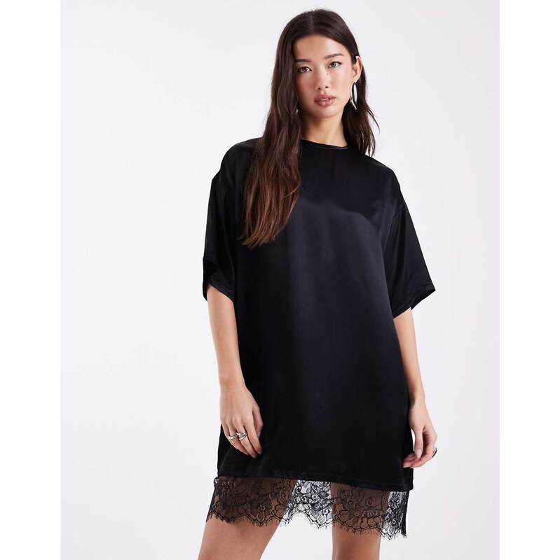 ASOS DESIGN satin lace hem t shirt dress in black