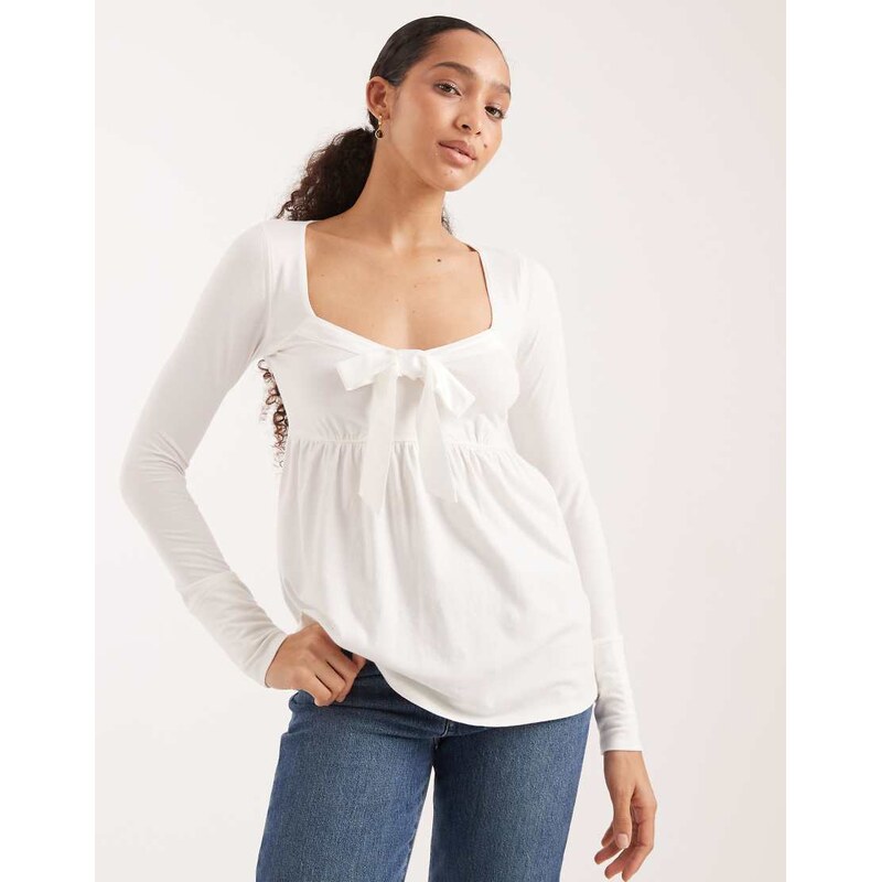 Hollister long sleeve front bow babydoll top in white 110611354